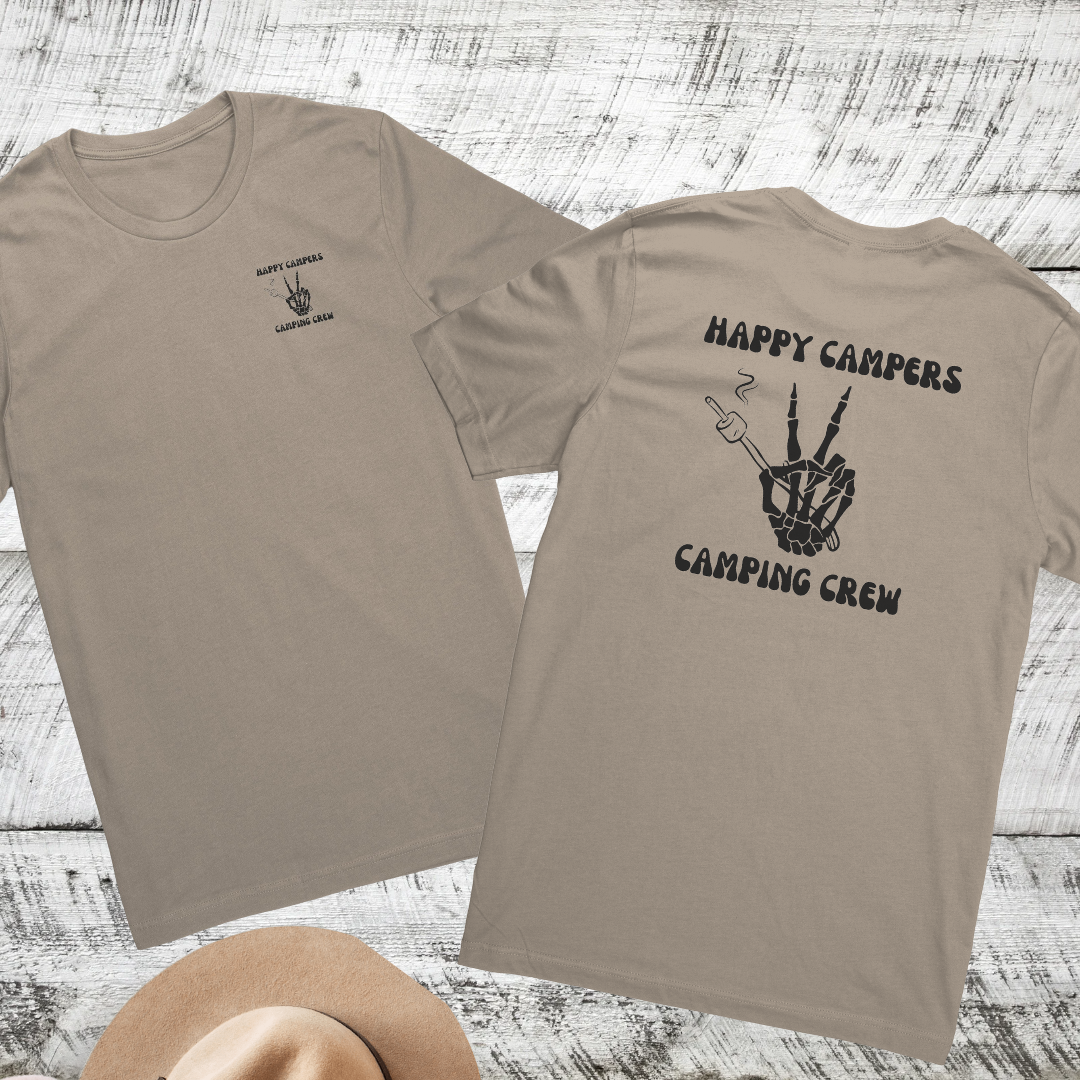Happy Campers Camping Crew Double Sided Unisex Shirt, Skeleton Hand Camping Shirt, S'mores Outdoors Tshirt