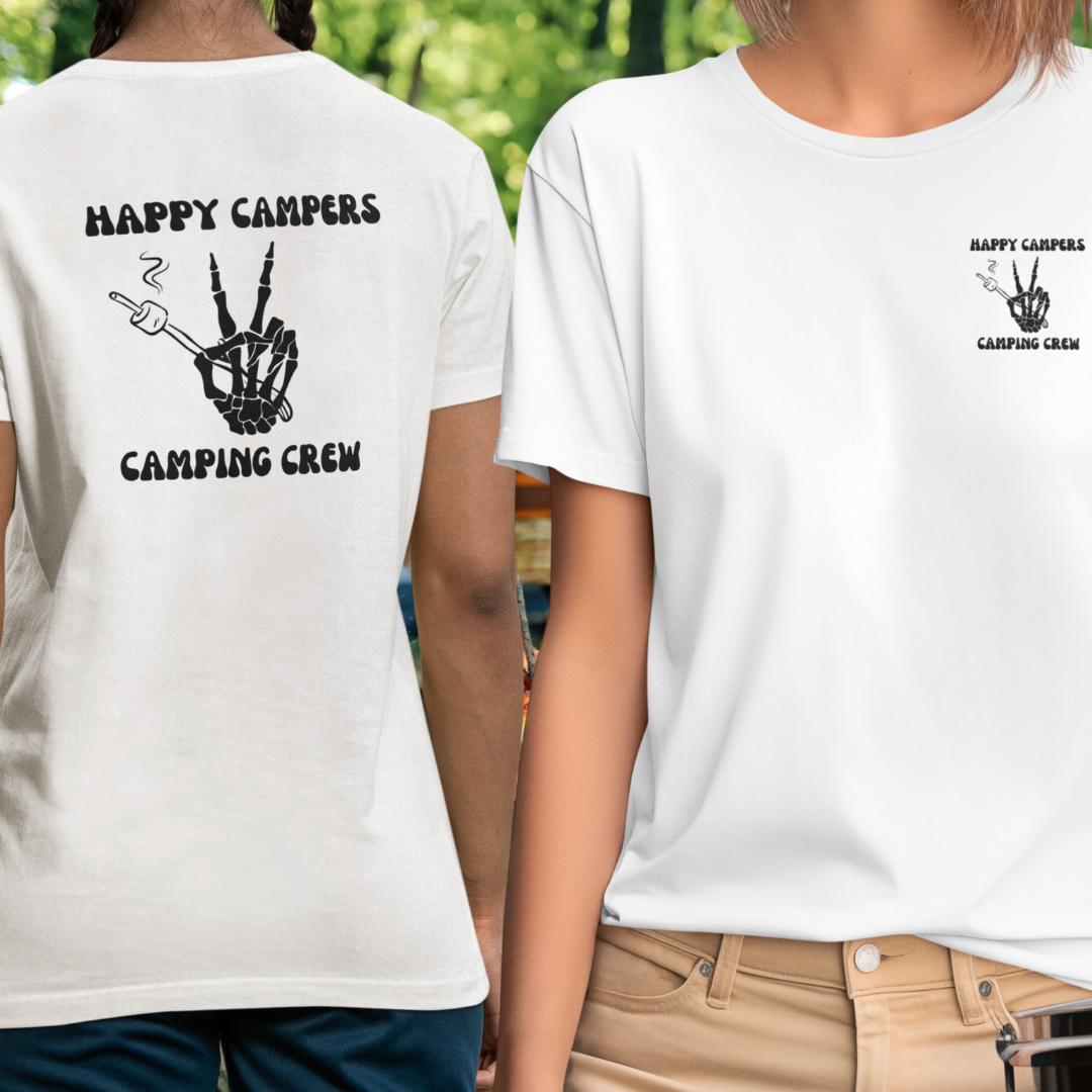 Happy Campers Camping Crew Double Sided Unisex Shirt, Skeleton Hand Camping Shirt, S'mores Outdoors Tshirt