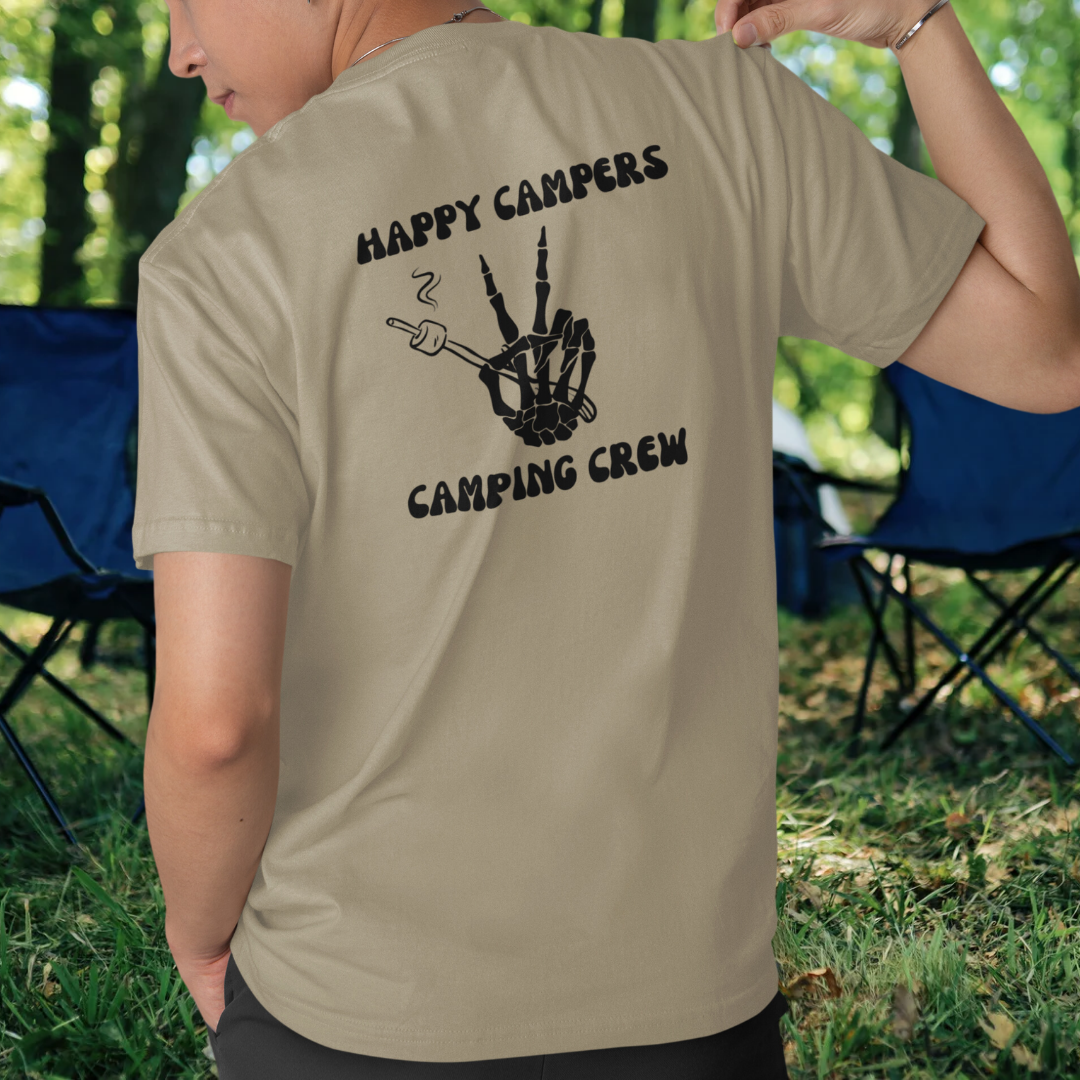 Happy Campers Camping Crew Double Sided Unisex Shirt, Skeleton Hand Camping Shirt, S'mores Outdoors Tshirt