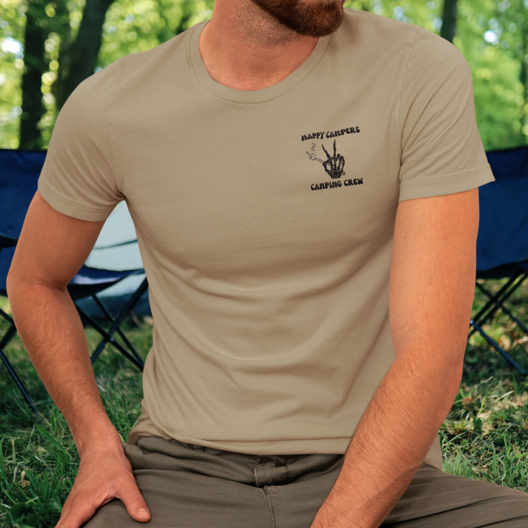 Happy Campers Camping Crew Double Sided Unisex Shirt, Skeleton Hand Camping Shirt, S'mores Outdoors Tshirt