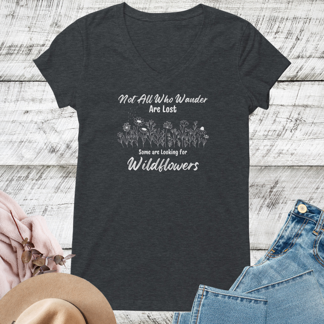 Wildflowers Vneck Women's Shirt, Not All Who Wander are Lost Wildflower Dandelion Floral Tshirt, Garden Lover Shirt, Cottagecore Shirt, Gift for Nature Lover, Outdoorsy Camping Shirt