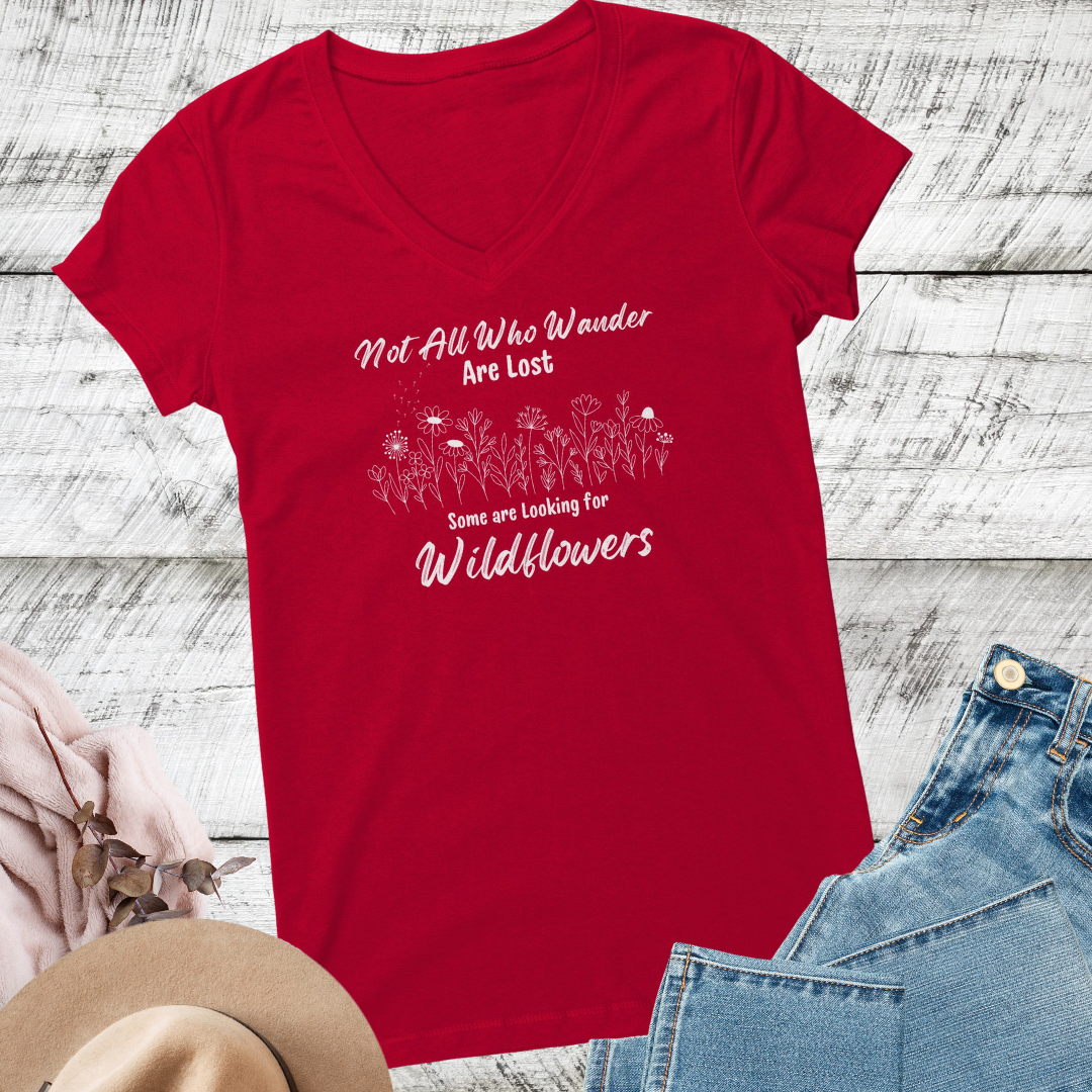 Wildflowers Vneck Women's Shirt, Not All Who Wander are Lost Wildflower Dandelion Floral Tshirt, Garden Lover Shirt, Cottagecore Shirt, Gift for Nature Lover, Outdoorsy Camping Shirt