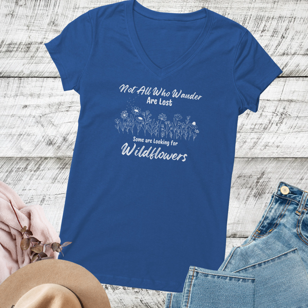 Wildflowers Vneck Women's Shirt, Not All Who Wander are Lost Wildflower Dandelion Floral Tshirt, Garden Lover Shirt, Cottagecore Shirt, Gift for Nature Lover, Outdoorsy Camping Shirt
