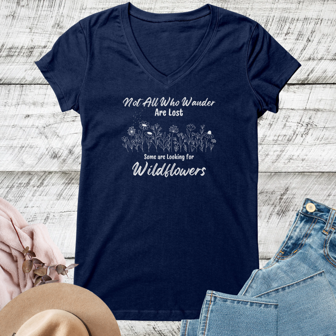 Wildflowers Vneck Women's Shirt, Not All Who Wander are Lost Wildflower Dandelion Floral Tshirt, Garden Lover Shirt, Cottagecore Shirt, Gift for Nature Lover, Outdoorsy Camping Shirt