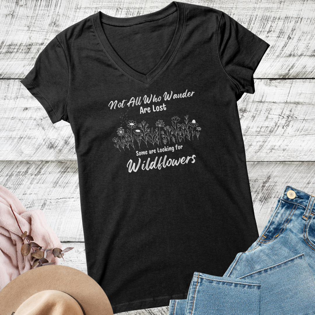 Wildflowers Vneck Women's Shirt, Not All Who Wander are Lost Wildflower Dandelion Floral Tshirt, Garden Lover Shirt, Cottagecore Shirt, Gift for Nature Lover, Outdoorsy Camping Shirt