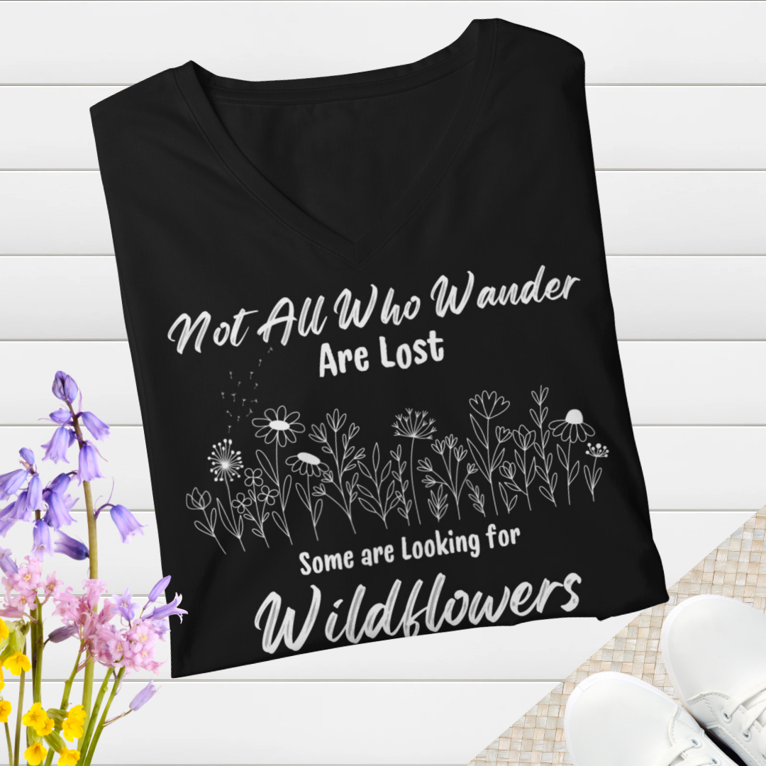 Wildflowers Vneck Women's Shirt, Not All Who Wander are Lost Wildflower Dandelion Floral Tshirt, Garden Lover Shirt, Cottagecore Shirt, Gift for Nature Lover, Outdoorsy Camping Shirt