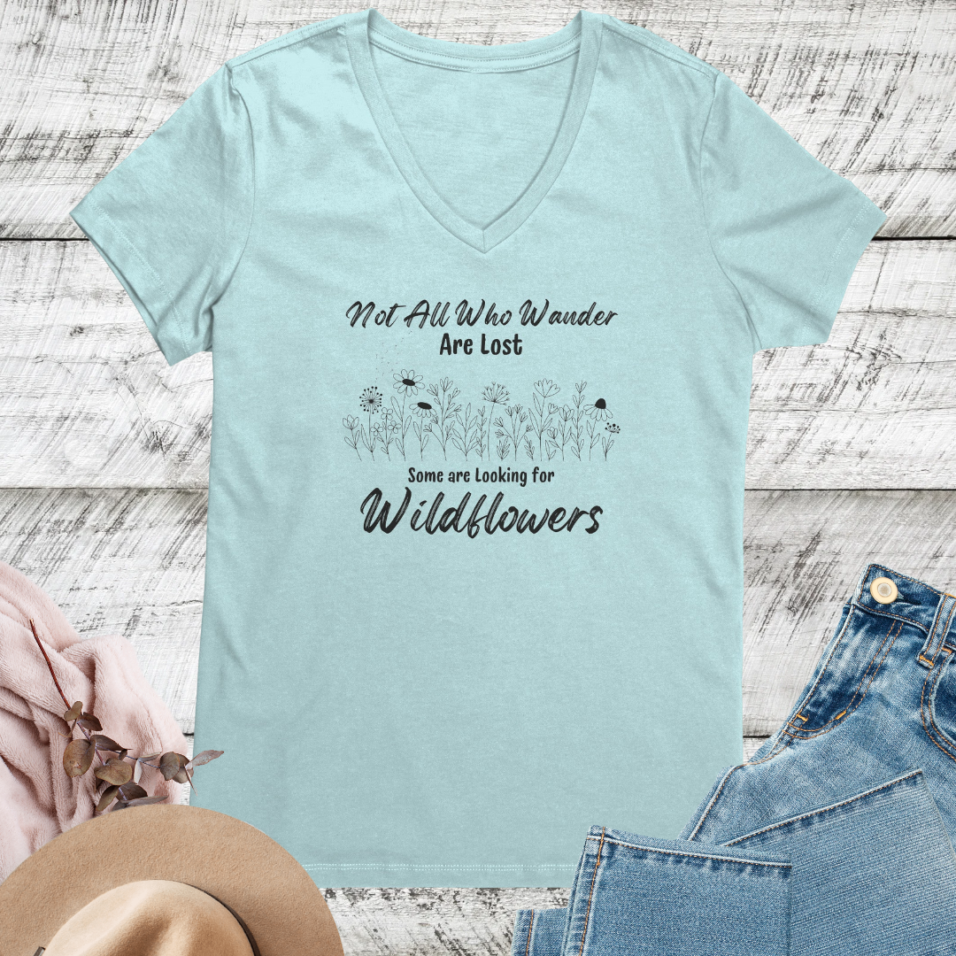 Wildflowers Vneck Women's Shirt, Not All Who Wander are Lost Wildflower Dandelion Floral Tshirt, Garden Plant Lover Shirt, Cottagecore Shirt, Gift for Nature Lover, Outdoorsy Camp Shirt