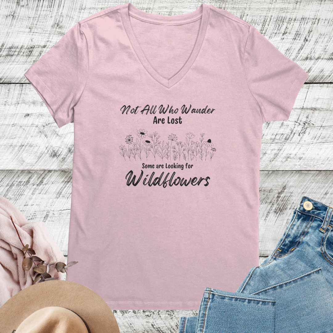 Wildflowers Vneck Women's Shirt, Not All Who Wander are Lost Wildflower Dandelion Floral Tshirt, Garden Plant Lover Shirt, Cottagecore Shirt, Gift for Nature Lover, Outdoorsy Camp Shirt