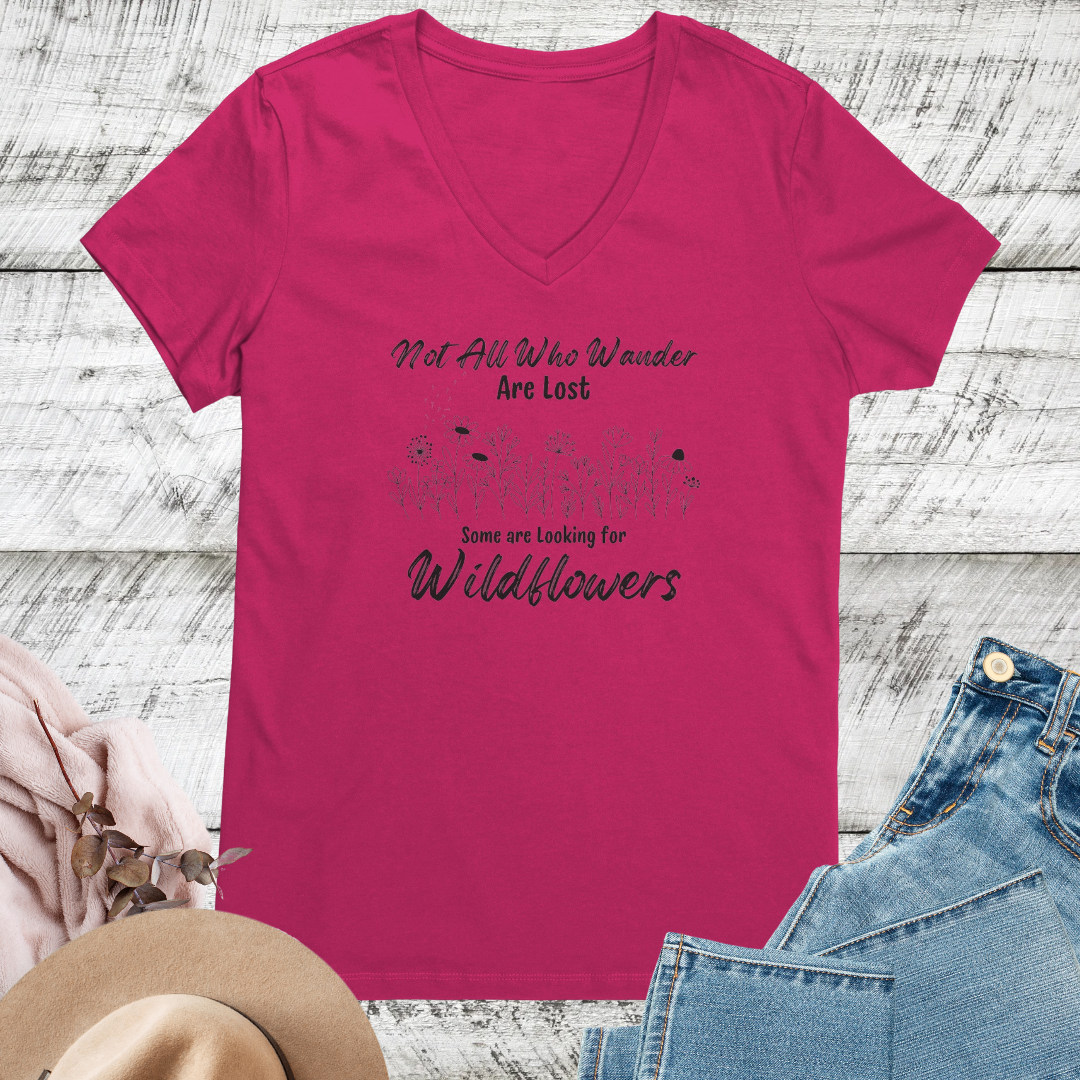 Wildflowers Vneck Women's Shirt, Not All Who Wander are Lost Wildflower Dandelion Floral Tshirt, Garden Plant Lover Shirt, Cottagecore Shirt, Gift for Nature Lover, Outdoorsy Camp Shirt