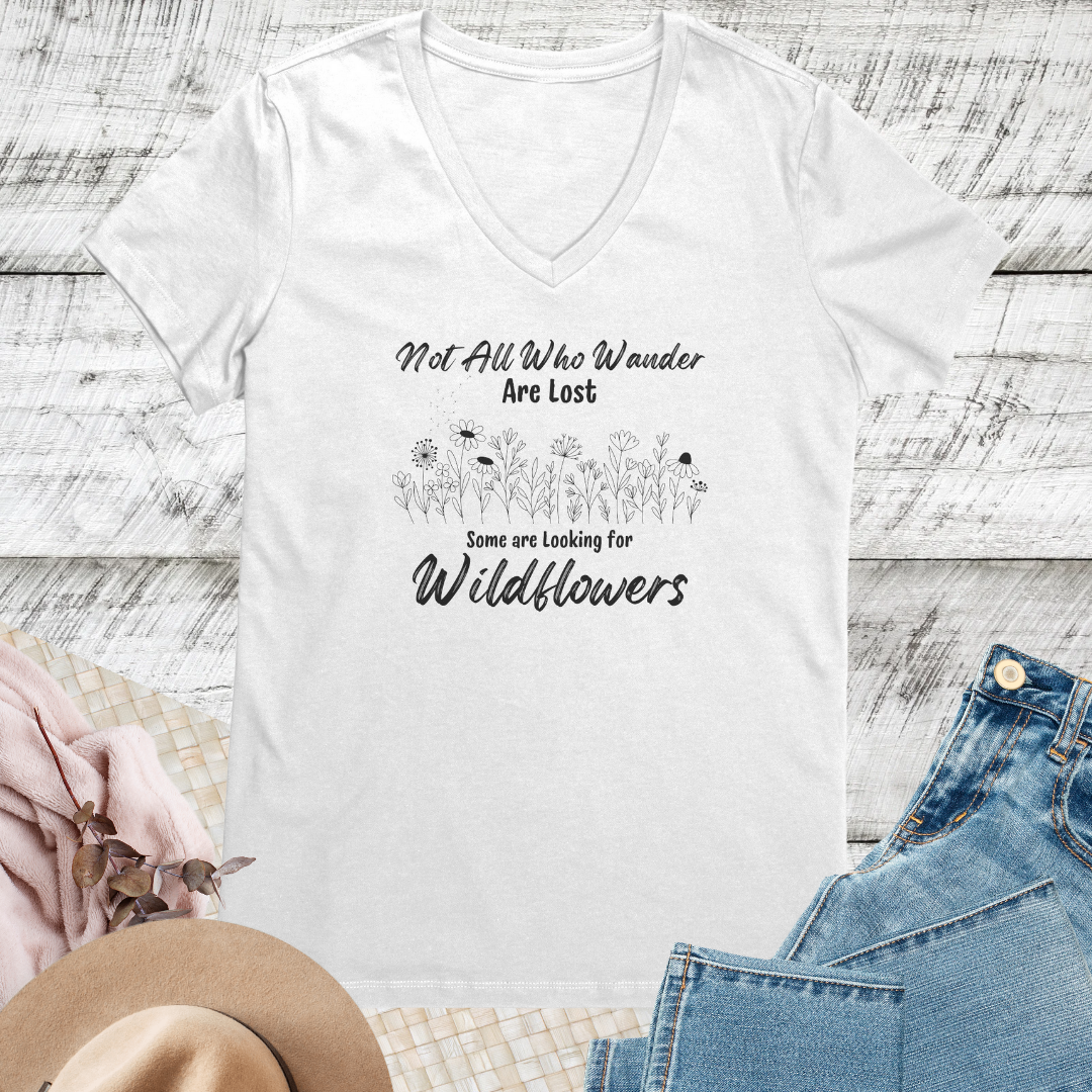 Wildflowers Vneck Women's Shirt, Not All Who Wander are Lost Wildflower Dandelion Floral Tshirt, Garden Plant Lover Shirt, Cottagecore Shirt, Gift for Nature Lover, Outdoorsy Camp Shirt