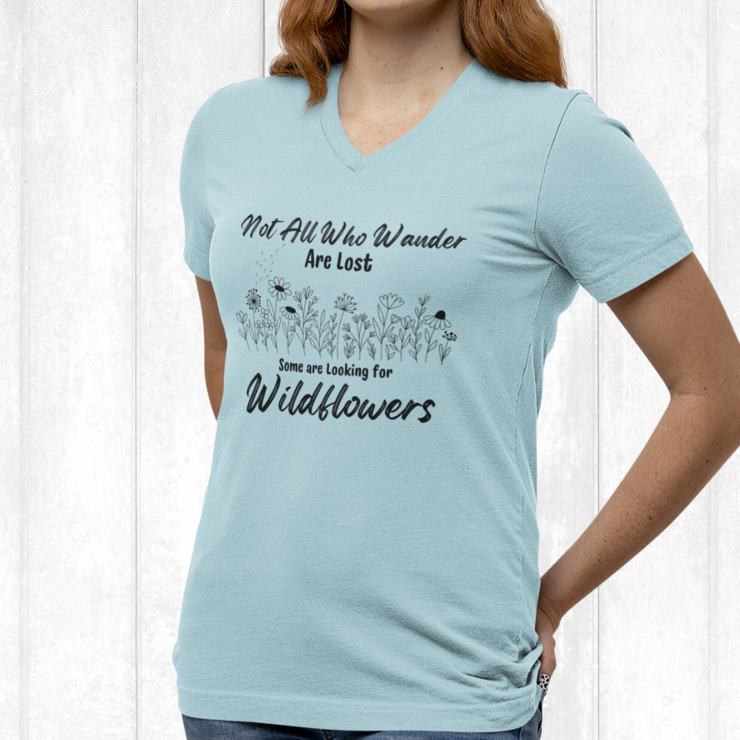 Wildflowers Vneck Women's Shirt, Not All Who Wander are Lost Wildflower Dandelion Floral Tshirt, Garden Plant Lover Shirt, Cottagecore Shirt, Gift for Nature Lover, Outdoorsy Camp Shirt