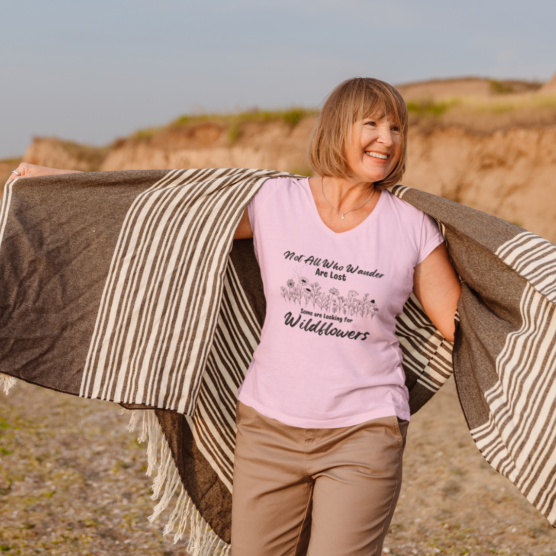 Wildflowers Vneck Women's Shirt, Not All Who Wander are Lost Wildflower Dandelion Floral Tshirt, Garden Plant Lover Shirt, Cottagecore Shirt, Gift for Nature Lover, Outdoorsy Camp Shirt