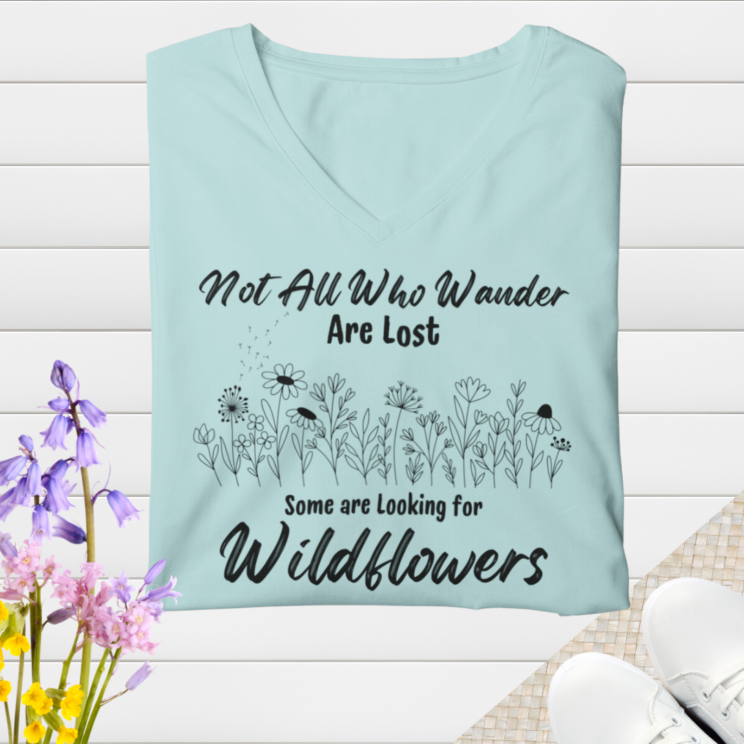 Wildflowers Vneck Women's Shirt, Not All Who Wander are Lost Wildflower Dandelion Floral Tshirt, Garden Plant Lover Shirt, Cottagecore Shirt, Gift for Nature Lover, Outdoorsy Camp Shirt