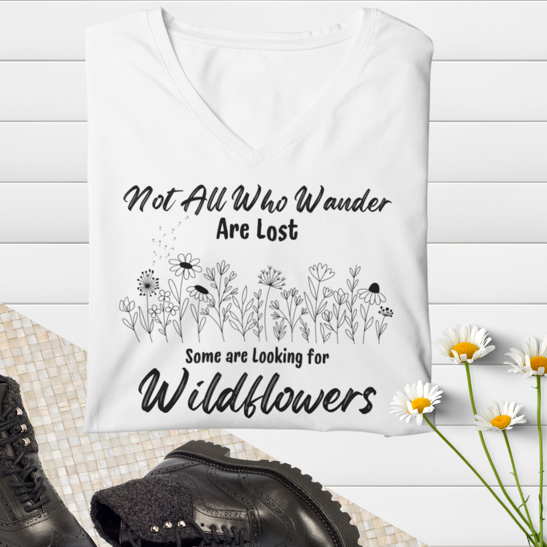 Wildflowers Vneck Women's Shirt, Not All Who Wander are Lost Wildflower Dandelion Floral Tshirt, Garden Plant Lover Shirt, Cottagecore Shirt, Gift for Nature Lover, Outdoorsy Camp Shirt