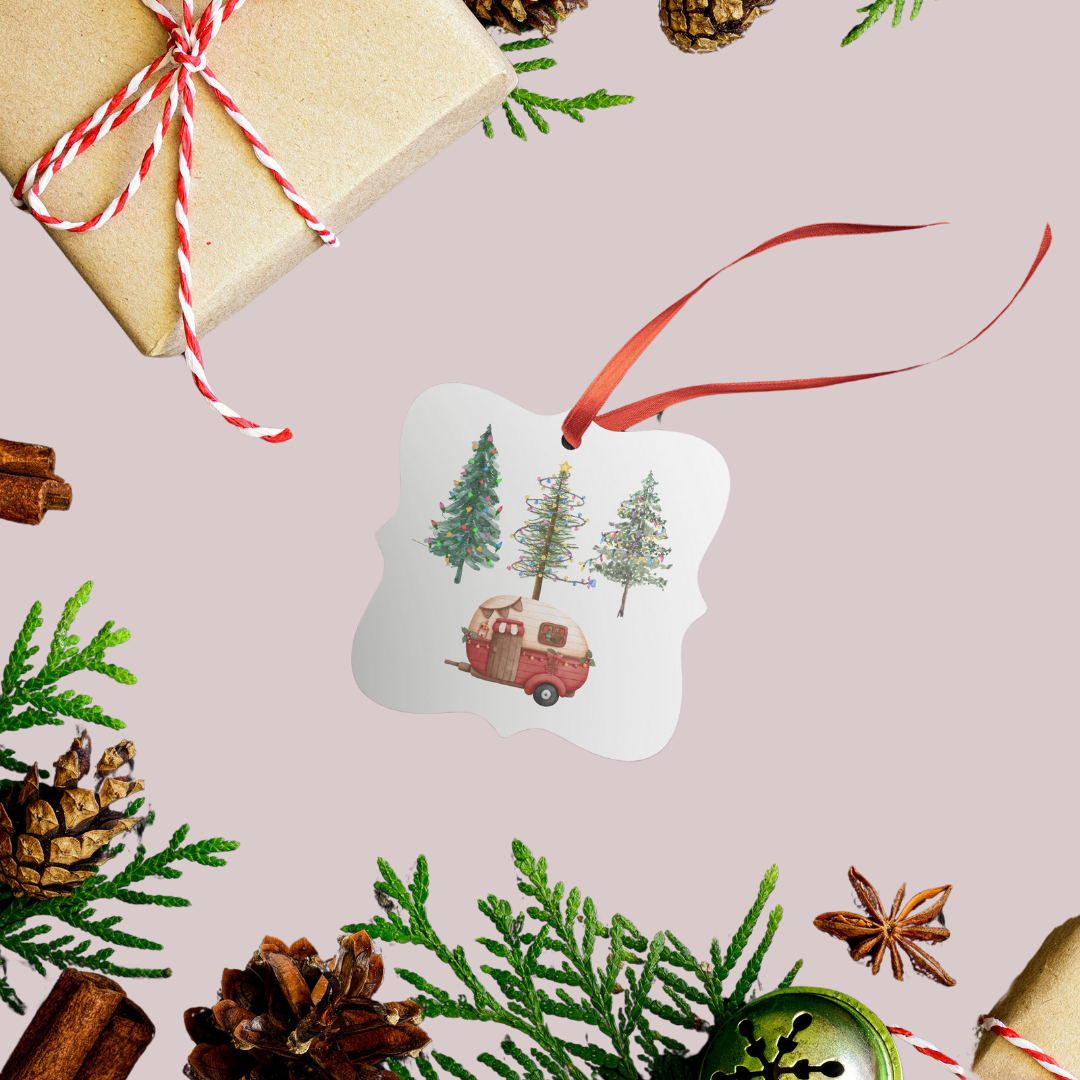 Camping Christmas Ornament, Cute Camper Xmas Tree Ornament, Woodsy Pine Trees Xmas Lights Ornament, Nature Lover Christmas Ornament, Gift for RV Caravan