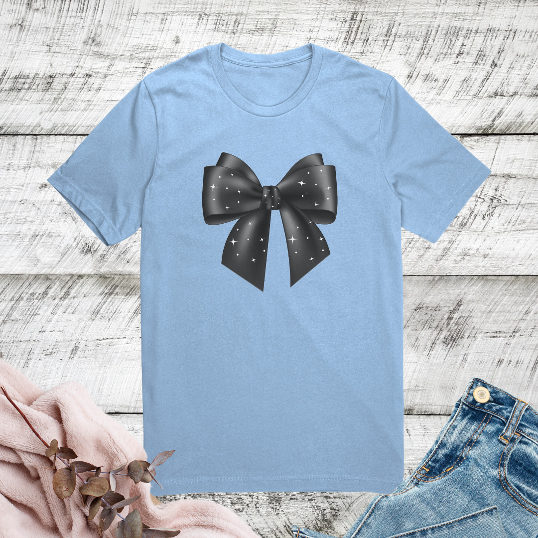 Cute Coquette Bow Tshirt, Starry Night Shirt, Graphic Bow Tshirt, Elegant Black Bow Shirt