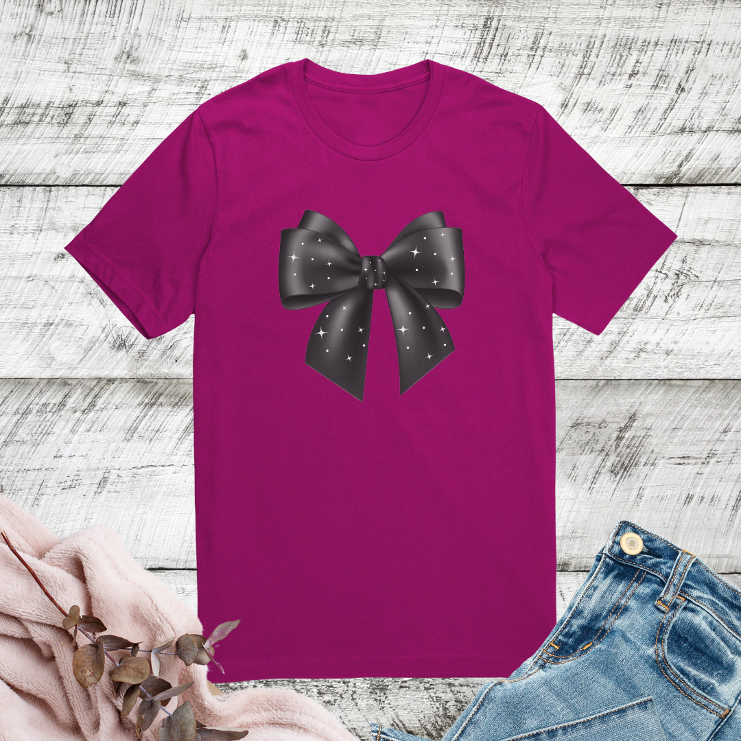 Cute Coquette Bow Tshirt, Starry Night Shirt, Graphic Bow Tshirt, Elegant Black Bow Shirt