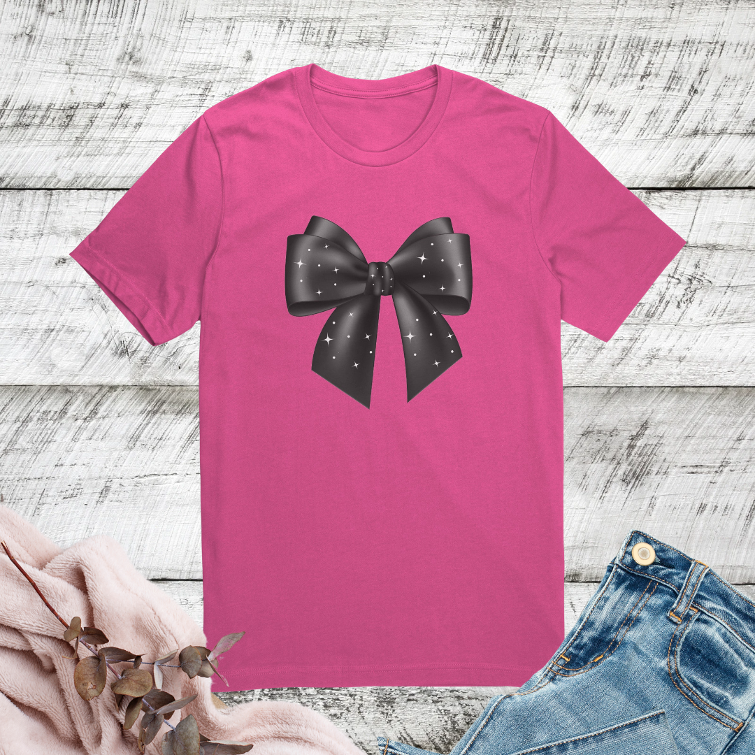 Cute Coquette Bow Tshirt, Starry Night Shirt, Graphic Bow Tshirt, Elegant Black Bow Shirt