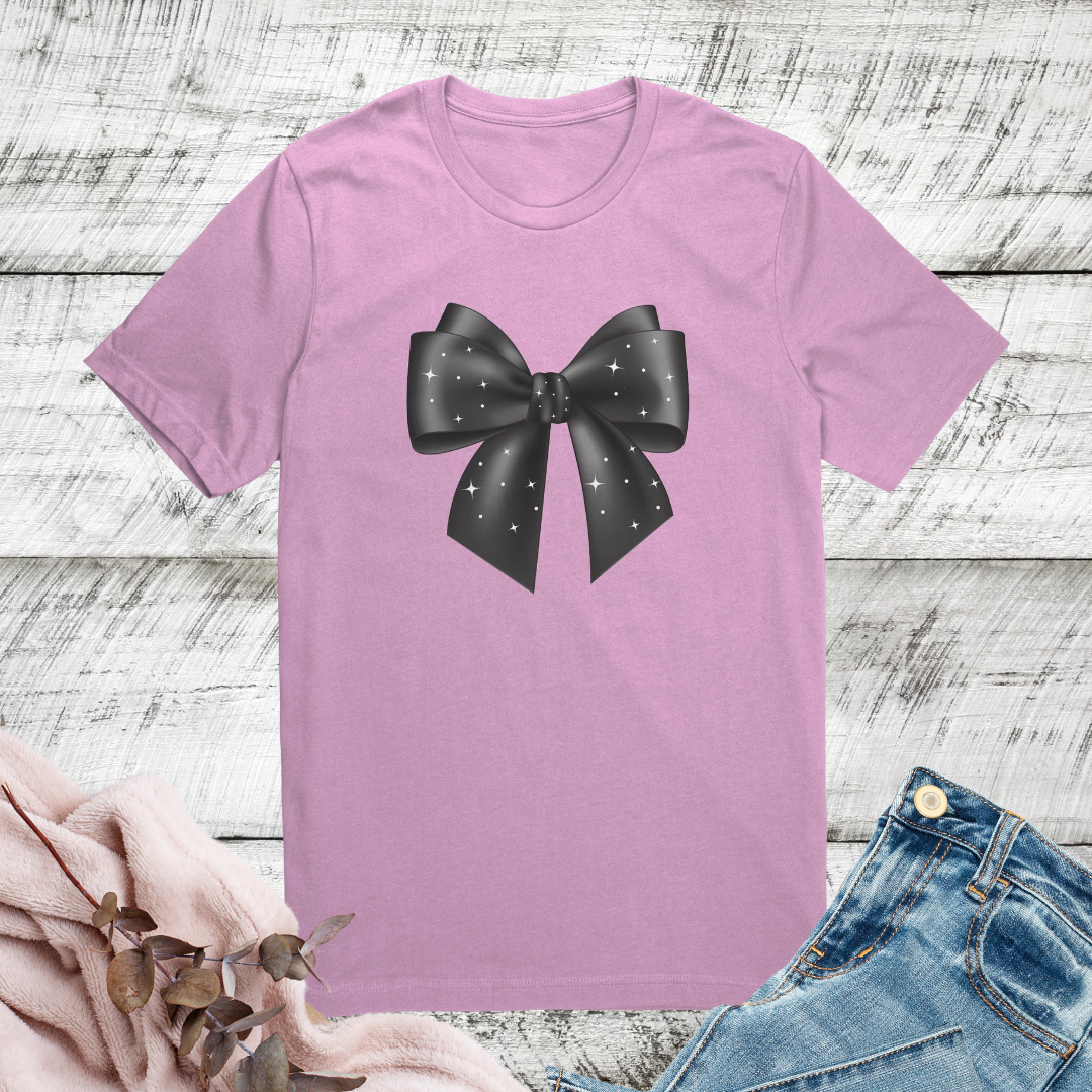 Cute Coquette Bow Tshirt, Starry Night Shirt, Graphic Bow Tshirt, Elegant Black Bow Shirt