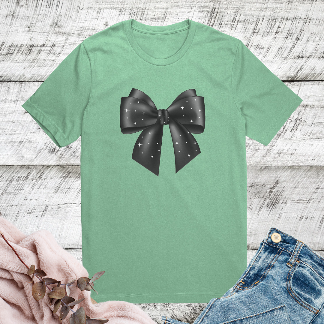 Cute Coquette Bow Tshirt, Starry Night Shirt, Graphic Bow Tshirt, Elegant Black Bow Shirt