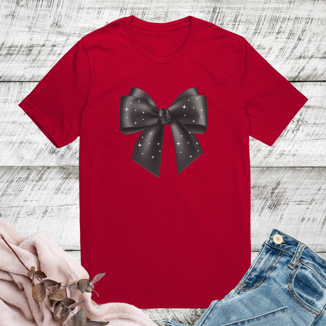 Cute Coquette Bow Tshirt, Starry Night Shirt, Graphic Bow Tshirt, Elegant Black Bow Shirt