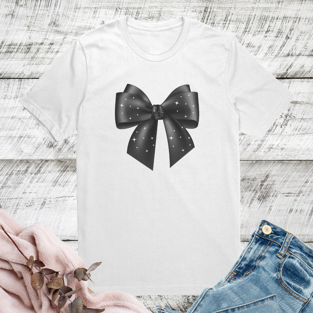 Cute Coquette Bow Tshirt, Starry Night Shirt, Graphic Bow Tshirt, Elegant Black Bow Shirt