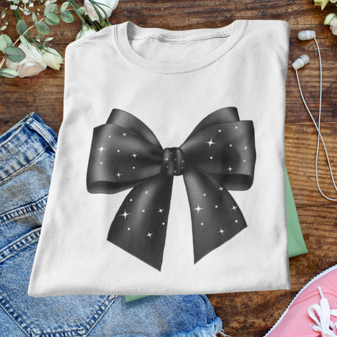 Cute Coquette Bow Tshirt, Starry Night Shirt, Graphic Bow Tshirt, Elegant Black Bow Shirt