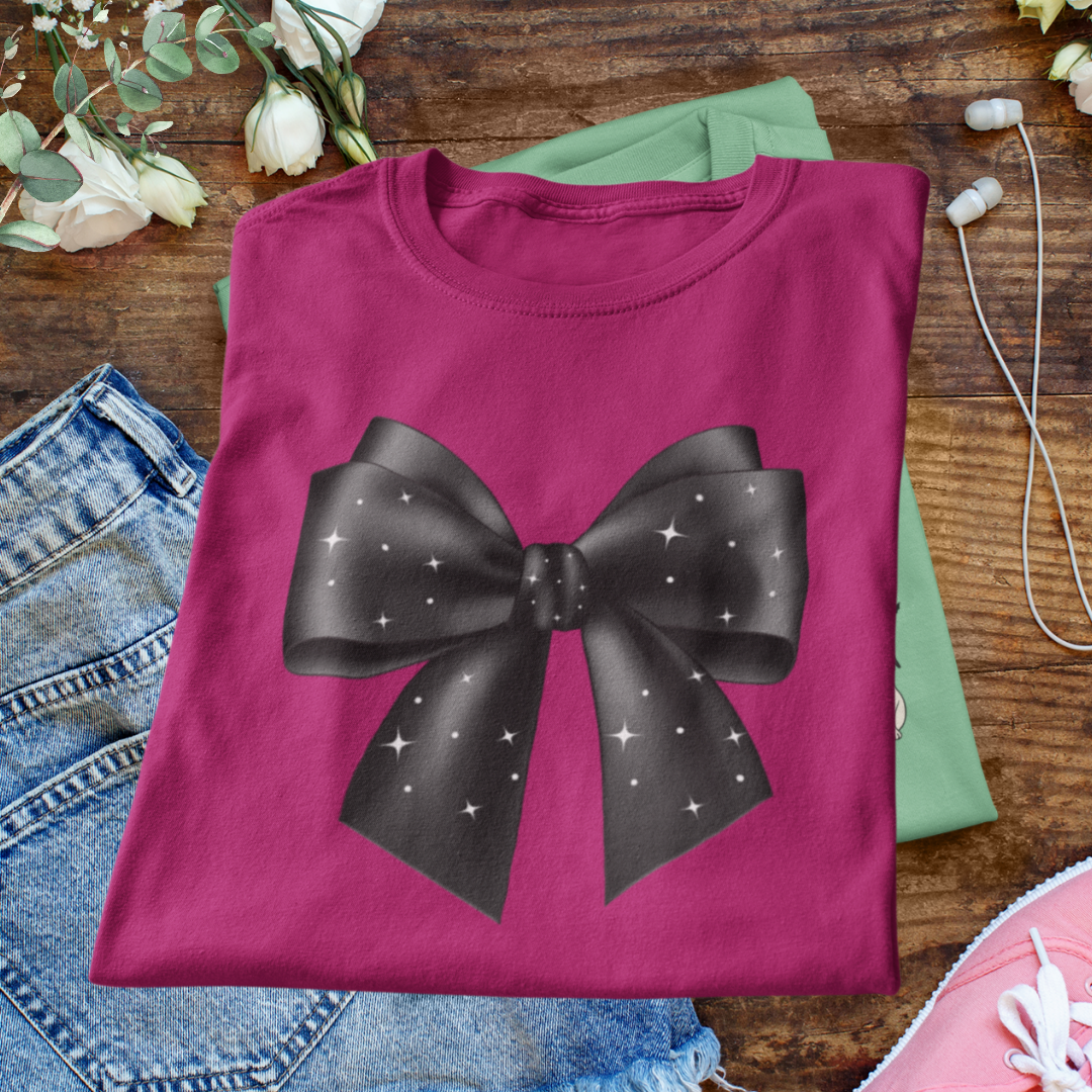 Cute Coquette Bow Tshirt, Starry Night Shirt, Graphic Bow Tshirt, Elegant Black Bow Shirt