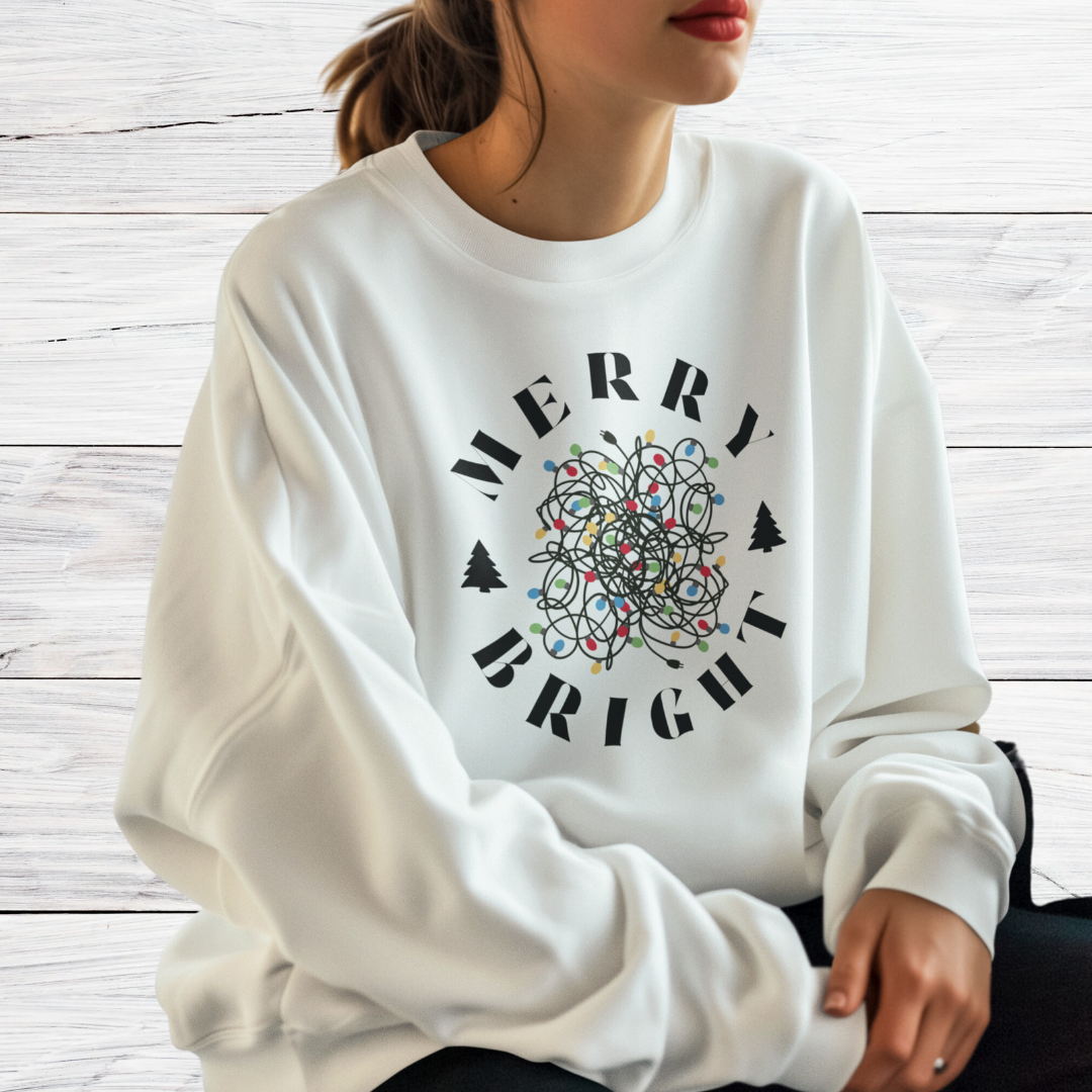 Merry Bright Tangled Christmas Lights Sweatshirt, Funny Christmas Crewneck Sweater, Xmas Tree Festive Sweatshirt, Gift for Christmas Lover