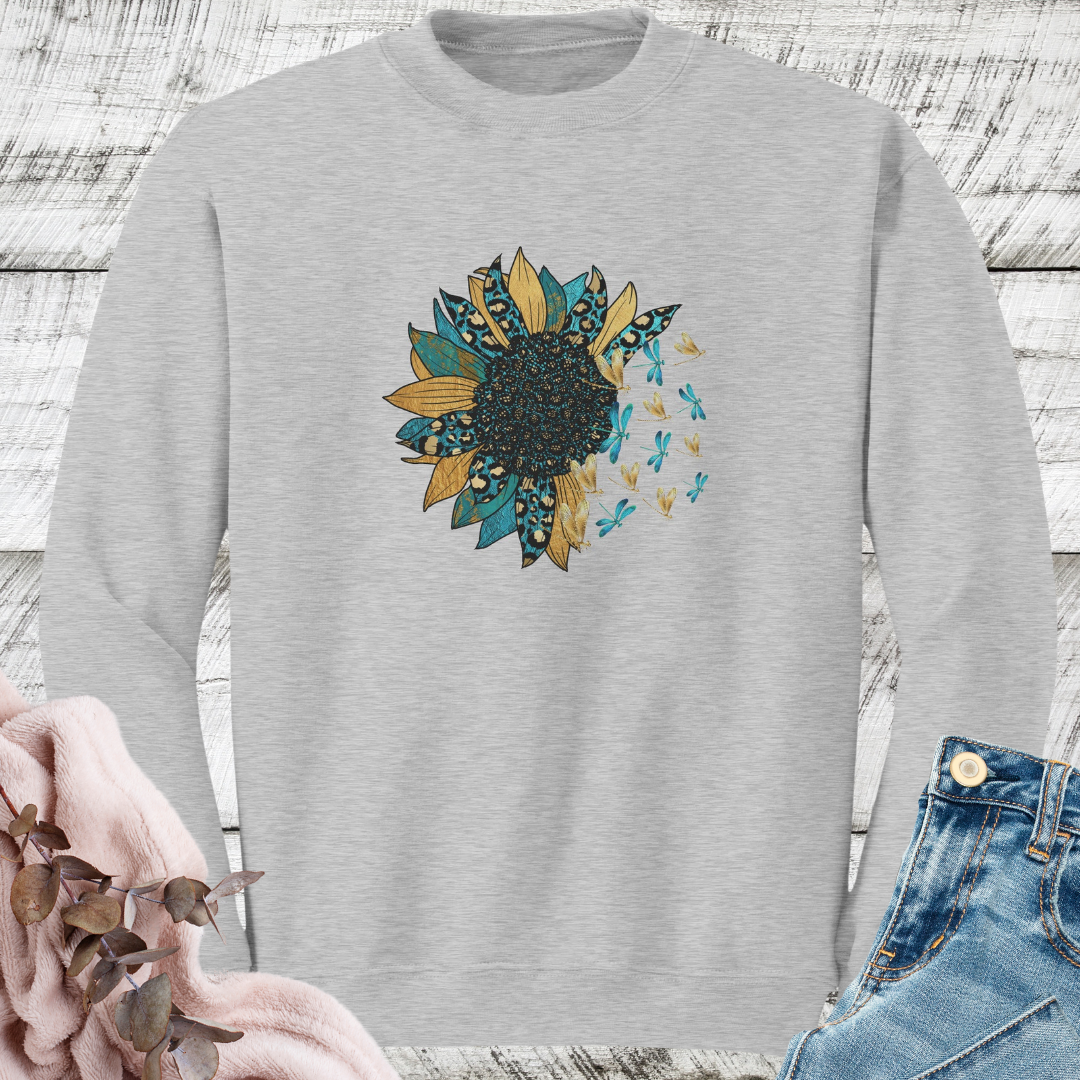 Sunflower Sweatshirt, Dragonfly Fall Sweater, Floral Leopard Print Crewneck Sweatshirt, Boho Vintage Sweatshirt, Nature Lover Gift