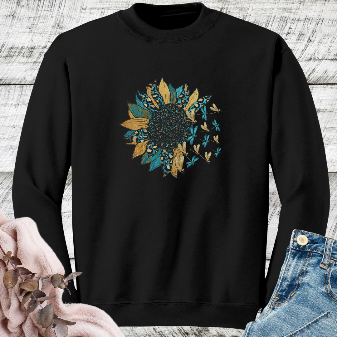 Sunflower Sweatshirt, Dragonfly Fall Sweater, Floral Leopard Print Crewneck Sweatshirt, Boho Vintage Sweatshirt, Nature Lover Gift