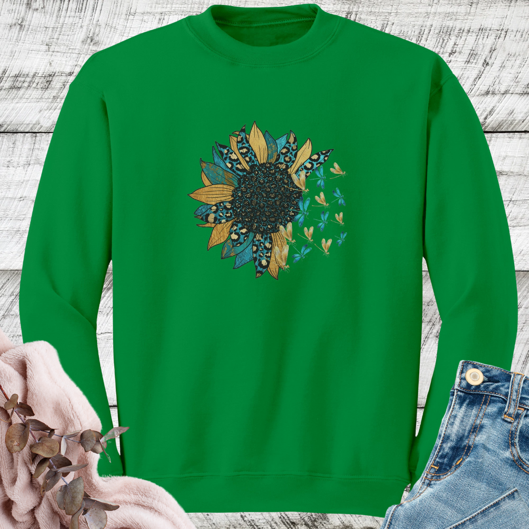 Sunflower Sweatshirt, Dragonfly Fall Sweater, Floral Leopard Print Crewneck Sweatshirt, Boho Vintage Sweatshirt, Nature Lover Gift