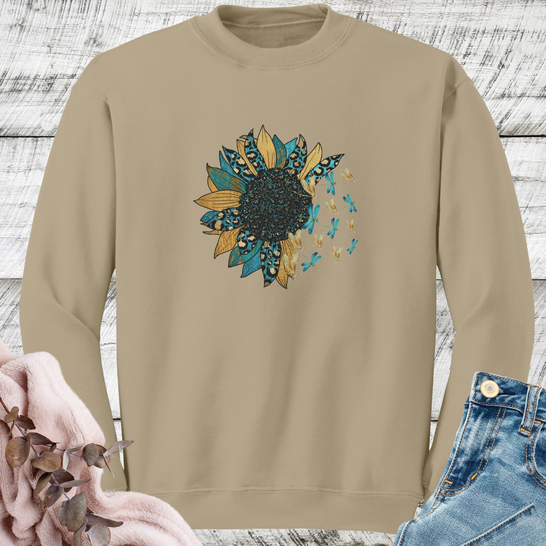 Sunflower Sweatshirt, Dragonfly Fall Sweater, Floral Leopard Print Crewneck Sweatshirt, Boho Vintage Sweatshirt, Nature Lover Gift