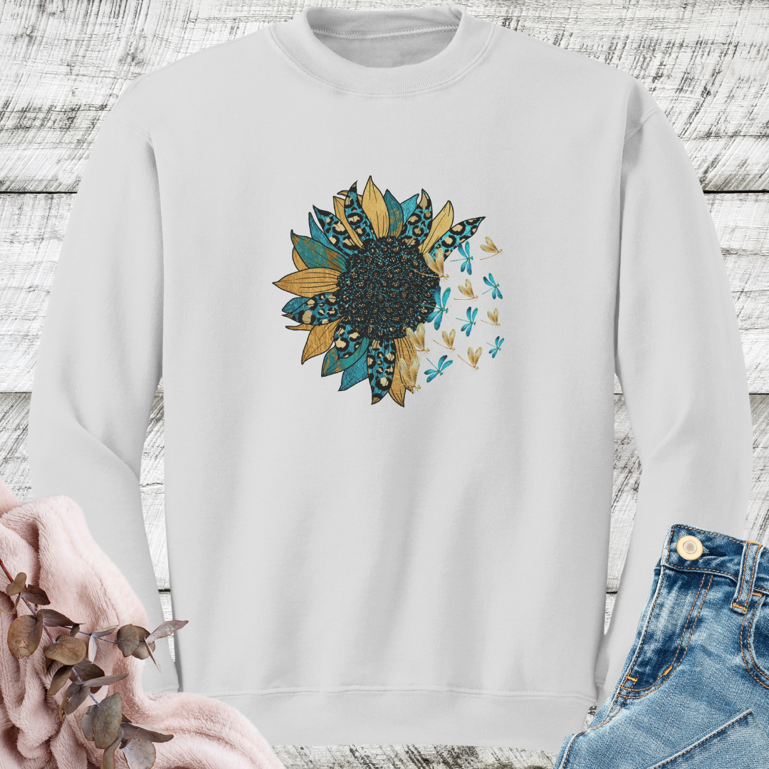 Sunflower Sweatshirt, Dragonfly Fall Sweater, Floral Leopard Print Crewneck Sweatshirt, Boho Vintage Sweatshirt, Nature Lover Gift