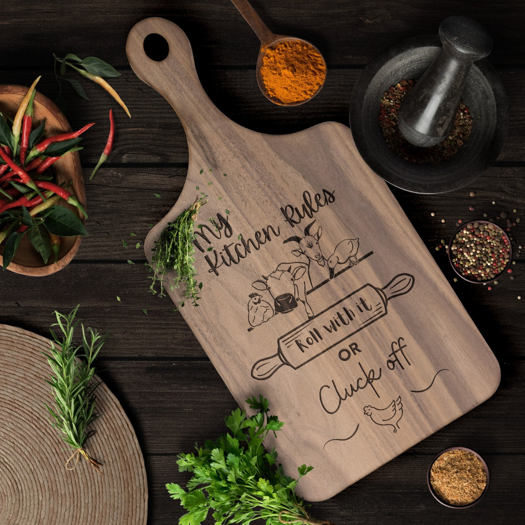 My Kitchen Rules Funny Country Farm Animals Cutting Board with Handle, Farm Decor Kitchen Accessories, New Home Gift, Cute Wedding Gift