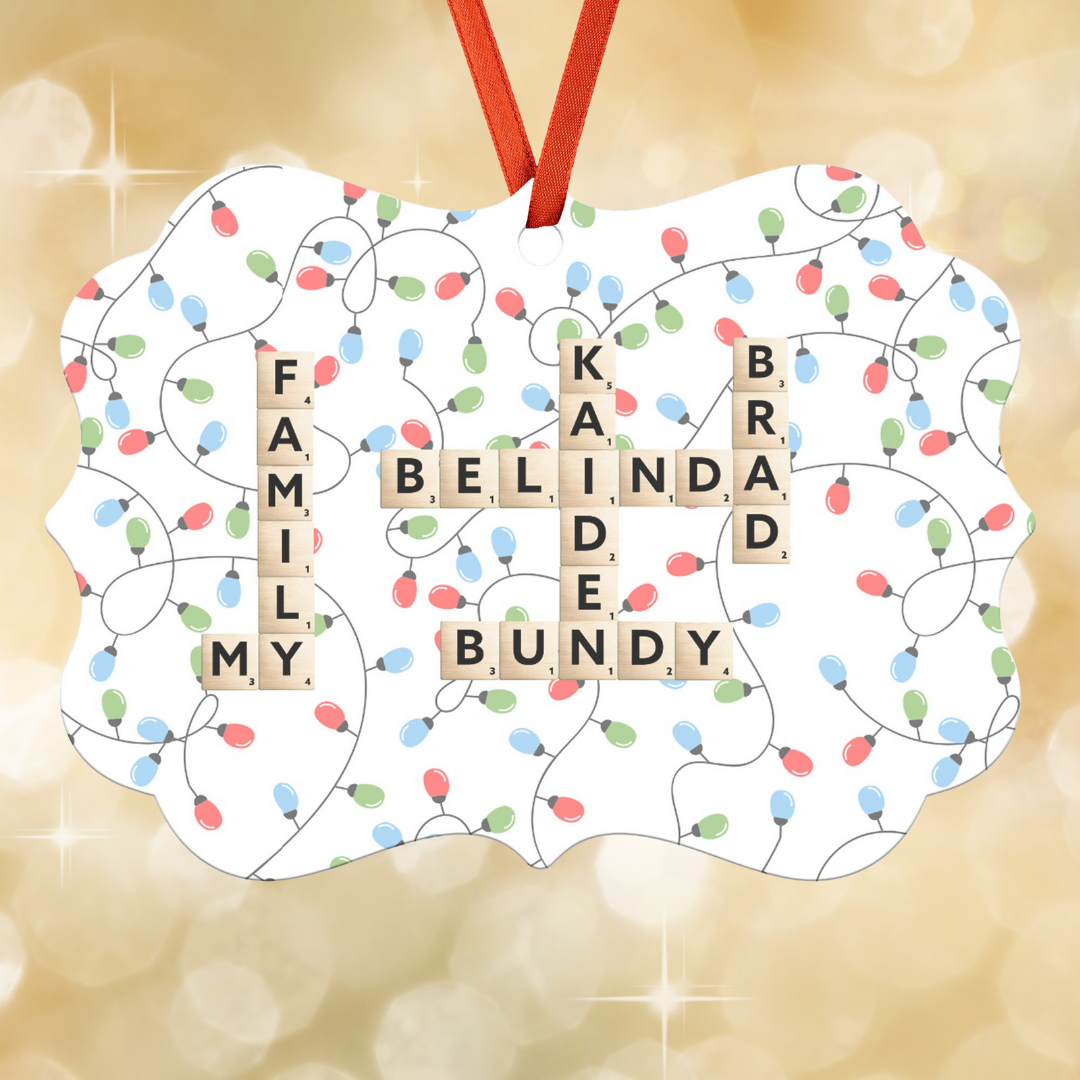 Personalized Ornament with Family Names and Colorful Lights Background, Hanging Christmas Ornament with Names, Gift for Family Board Game Lovers, Mother's Day Gift