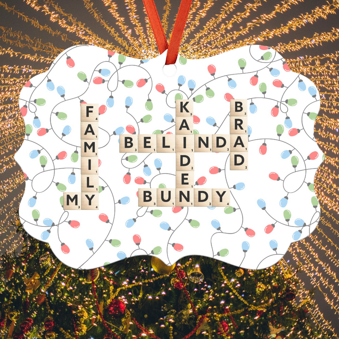 Personalized Ornament with Family Names and Colorful Lights Background, Hanging Christmas Ornament with Names, Gift for Family Board Game Lovers, Mother's Day Gift