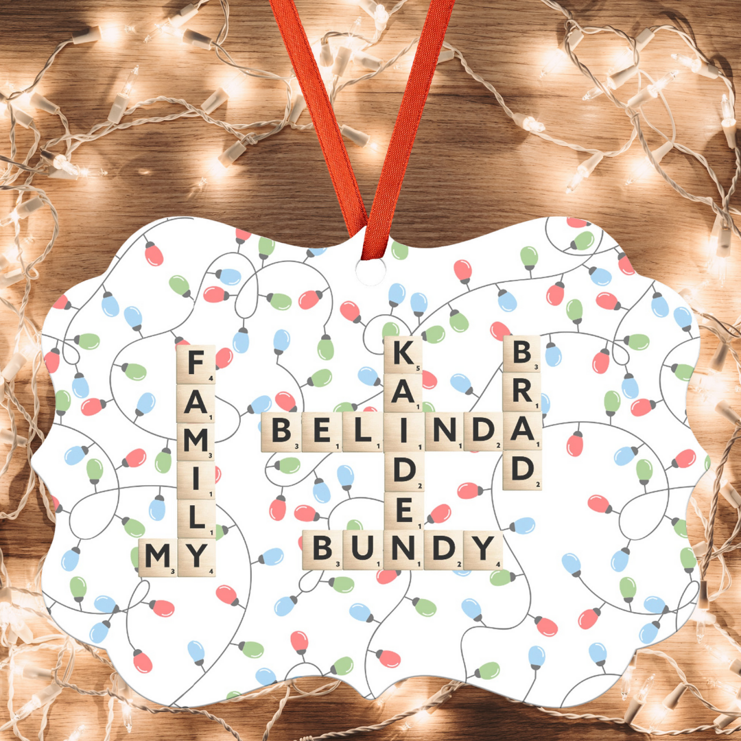Personalized Ornament with Family Names and Colorful Lights Background, Hanging Christmas Ornament with Names, Gift for Family Board Game Lovers, Mother's Day Gift