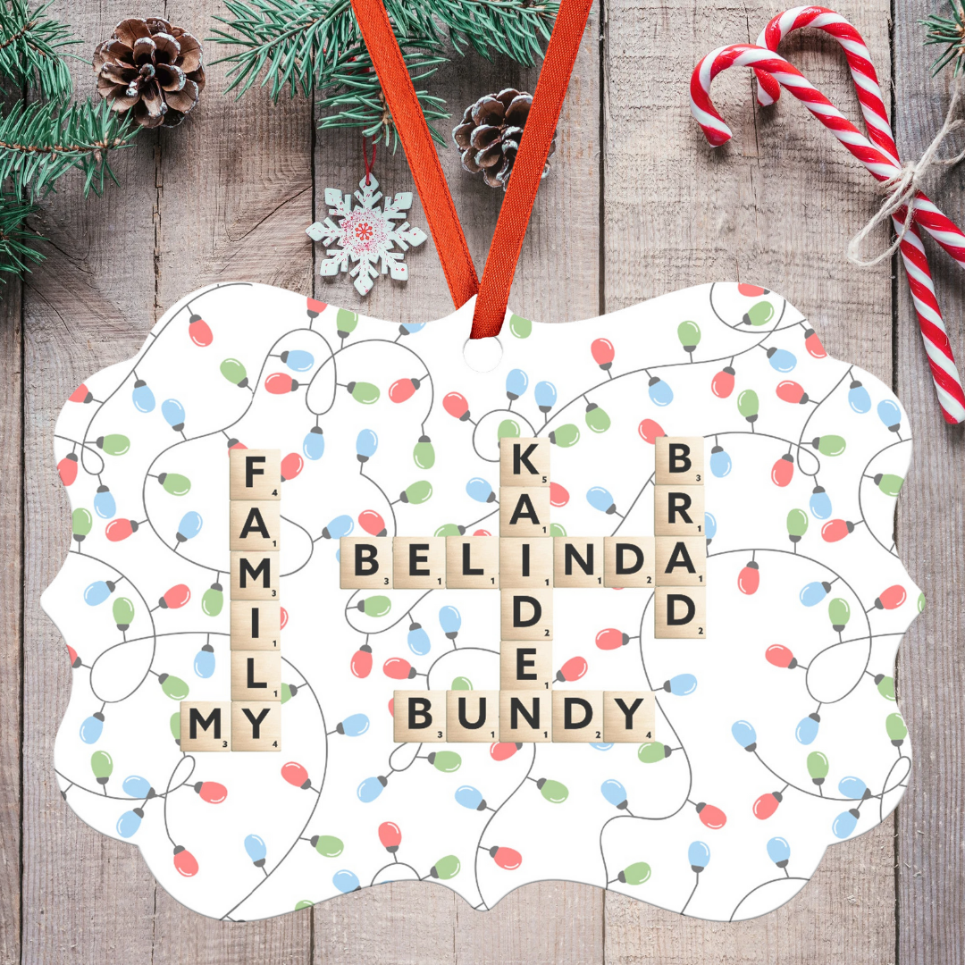 Personalized Ornament with Family Names and Colorful Lights Background, Hanging Christmas Ornament with Names, Gift for Family Board Game Lovers, Mother's Day Gift