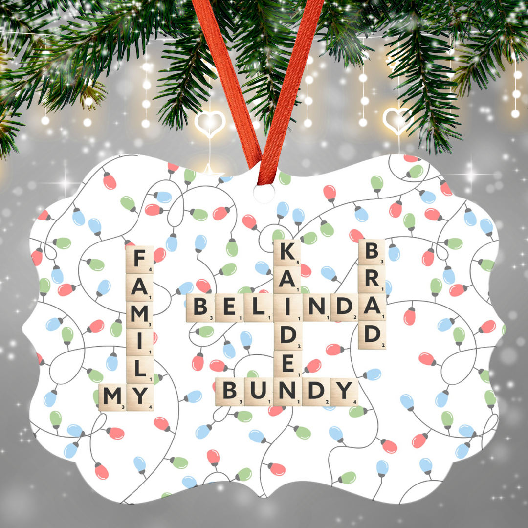 Personalized Ornament with Family Names and Colorful Lights Background, Hanging Christmas Ornament with Names, Gift for Family Board Game Lovers, Mother's Day Gift