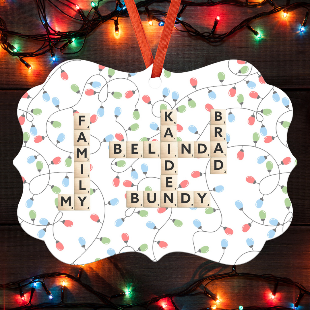 Personalized Ornament with Family Names and Colorful Lights Background, Hanging Christmas Ornament with Names, Gift for Family Board Game Lovers, Mother's Day Gift