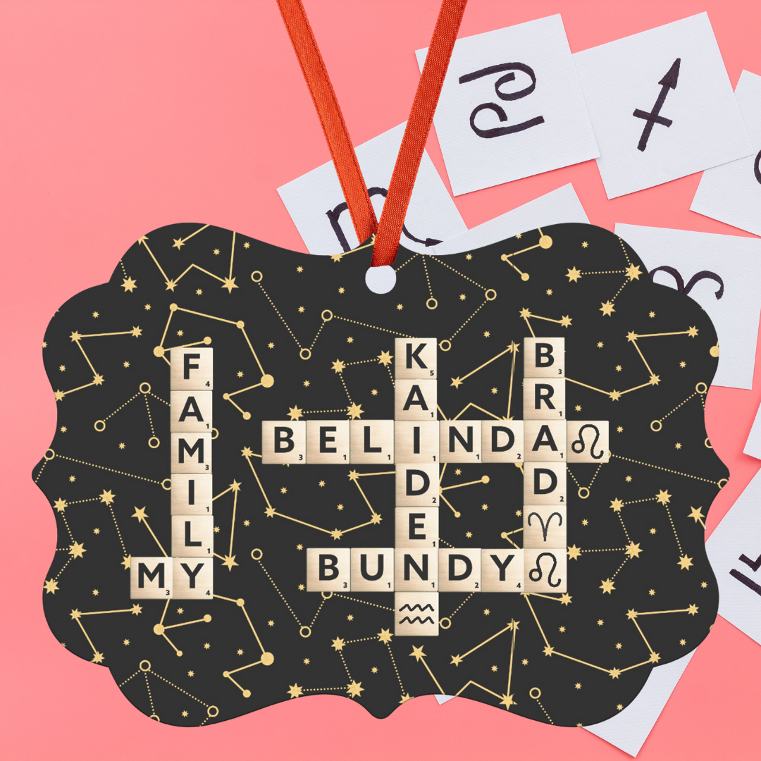 Personalized Hanging Ornament with Scrabble Family Names and Zodiac Star Sign Symbol, Gift for Astrology Lover, Gift for Mother's Day, Gift for Family Board Game Lovers