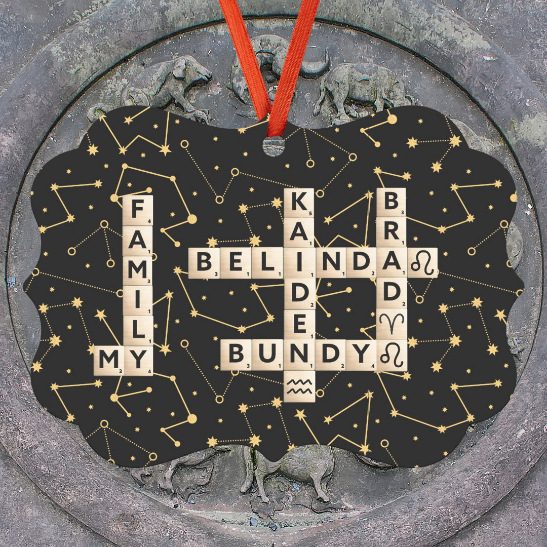 Personalized Hanging Ornament with Scrabble Family Names and Zodiac Star Sign Symbol, Gift for Astrology Lover, Gift for Mother's Day, Gift for Family Board Game Lovers