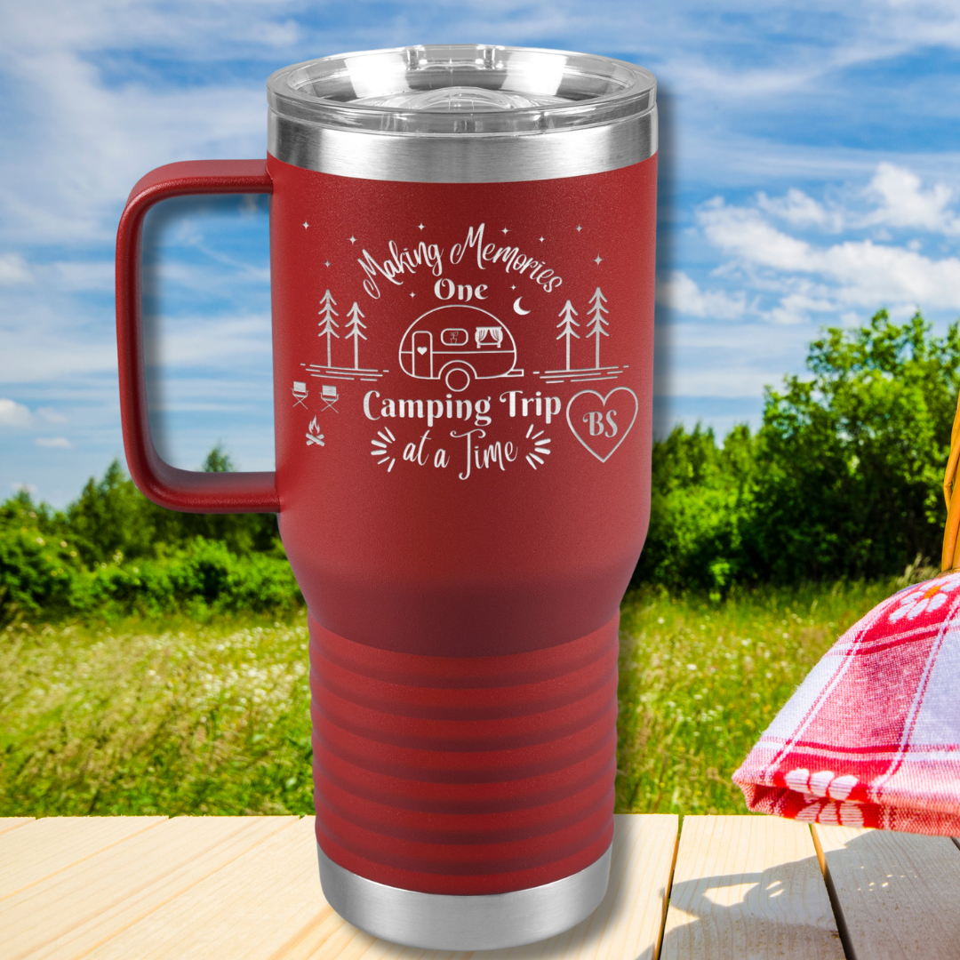 Making Memories One Camping Trip at a Time 20oz Travel Tumbler, Personalized Camping Tumbler with Handle and Slider Lid, Gift for Camper, RV Accessories