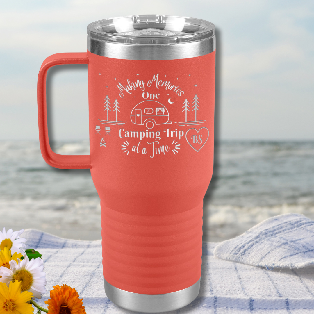 Making Memories One Camping Trip at a Time 20oz Travel Tumbler, Personalized Camping Tumbler with Handle and Slider Lid, Gift for Camper, RV Accessories