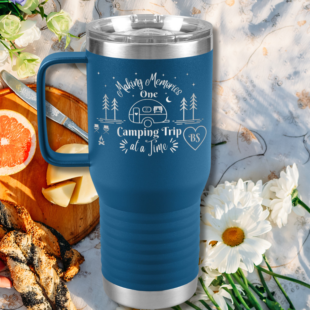 Making Memories One Camping Trip at a Time 20oz Travel Tumbler, Personalized Camping Tumbler with Handle and Slider Lid, Gift for Camper, RV Accessories