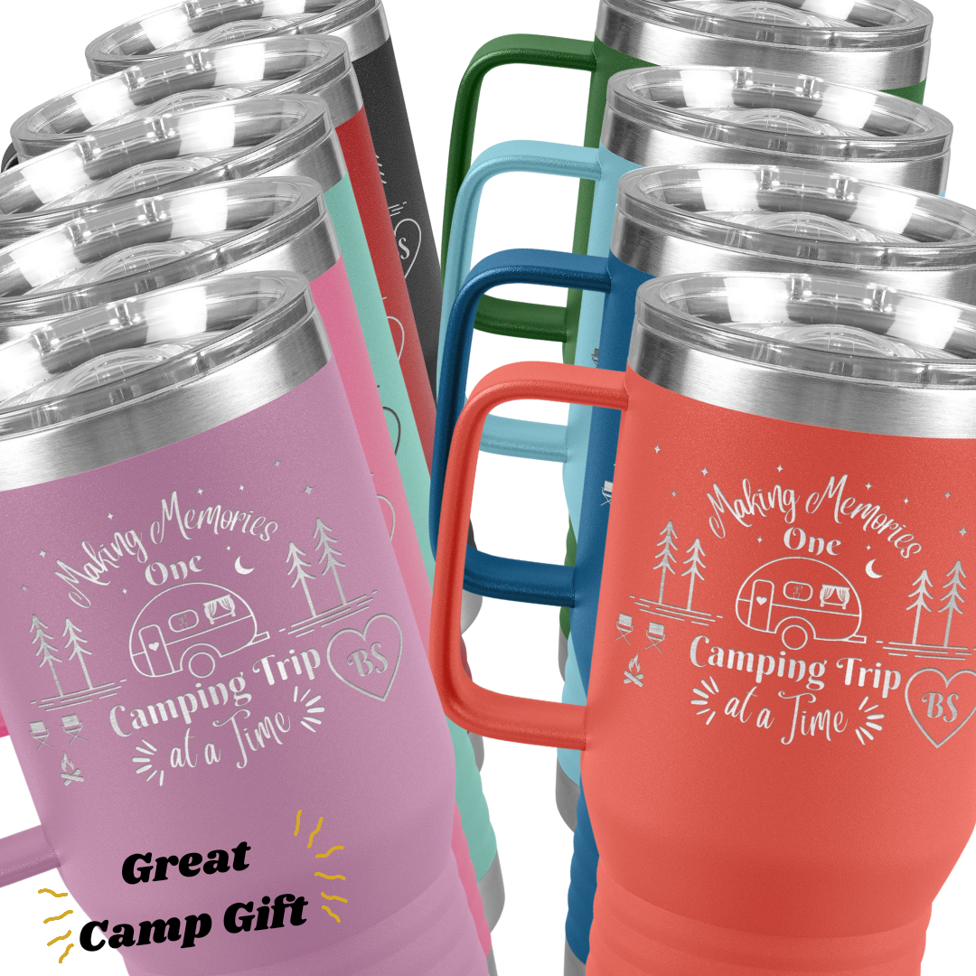Making Memories One Camping Trip at a Time 20oz Travel Tumbler, Personalized Camping Tumbler with Handle and Slider Lid, Gift for Camper, RV Accessories