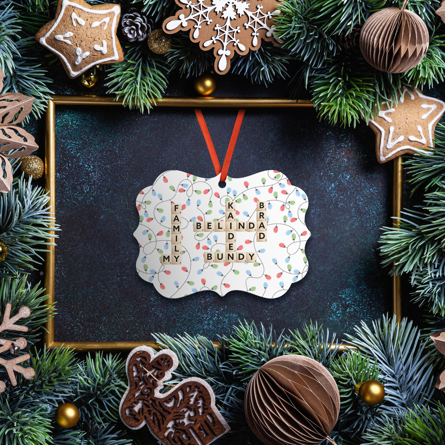 Personalized Ornament with Family Names and Colorful Lights Background, Hanging Christmas Ornament with Names, Gift for Family Board Game Lovers, Mother's Day Gift