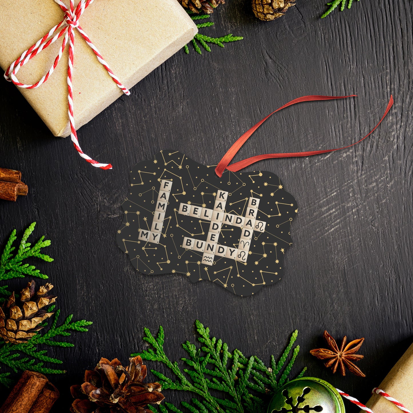 Personalized Hanging Ornament with Scrabble Family Names and Zodiac Star Sign Symbol, Gift for Astrology Lover, Gift for Mother's Day, Gift for Family Board Game Lovers