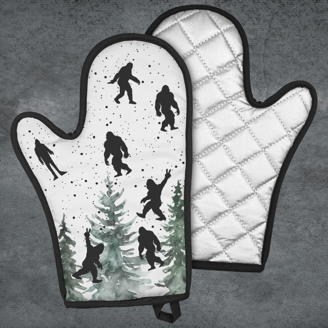 Bigfoot Sasquatch Oven Mitt with Hang Hoop, Camper / Caravan Gift for Him / Her, Hiking Accessory with Silver Heat Reflective Material.
